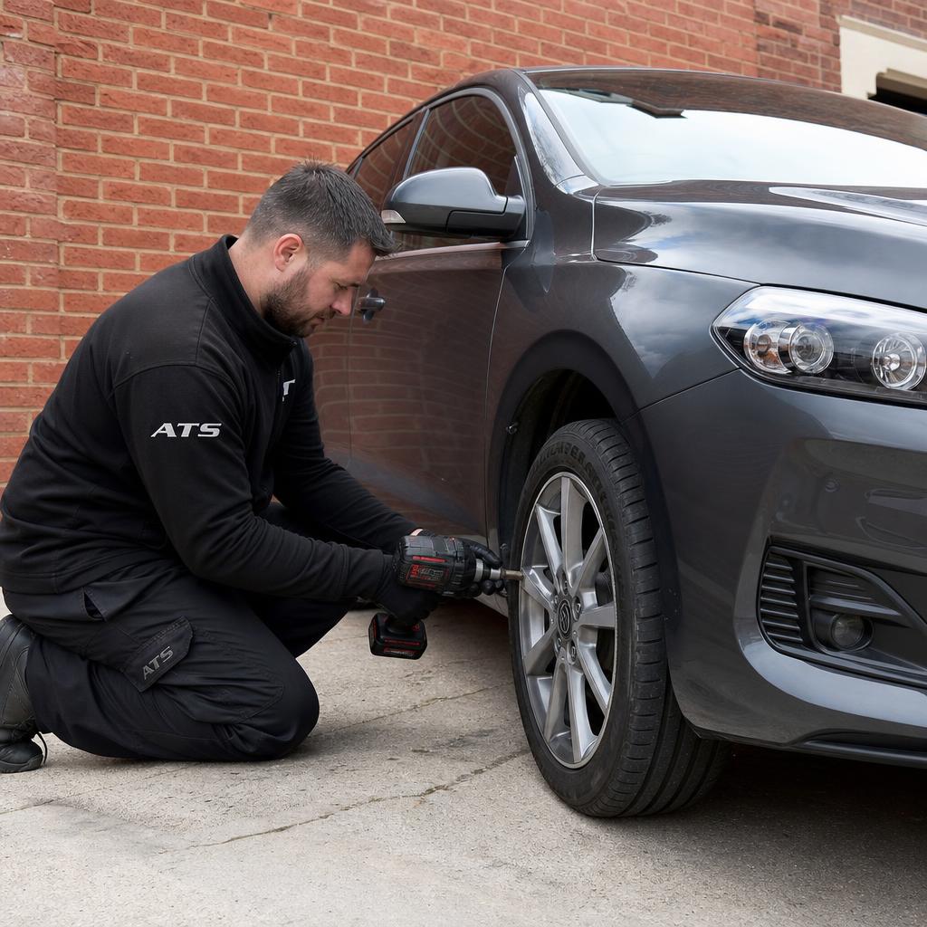 Mobile tyre fitter working on a hatchback on a Bradford driveway