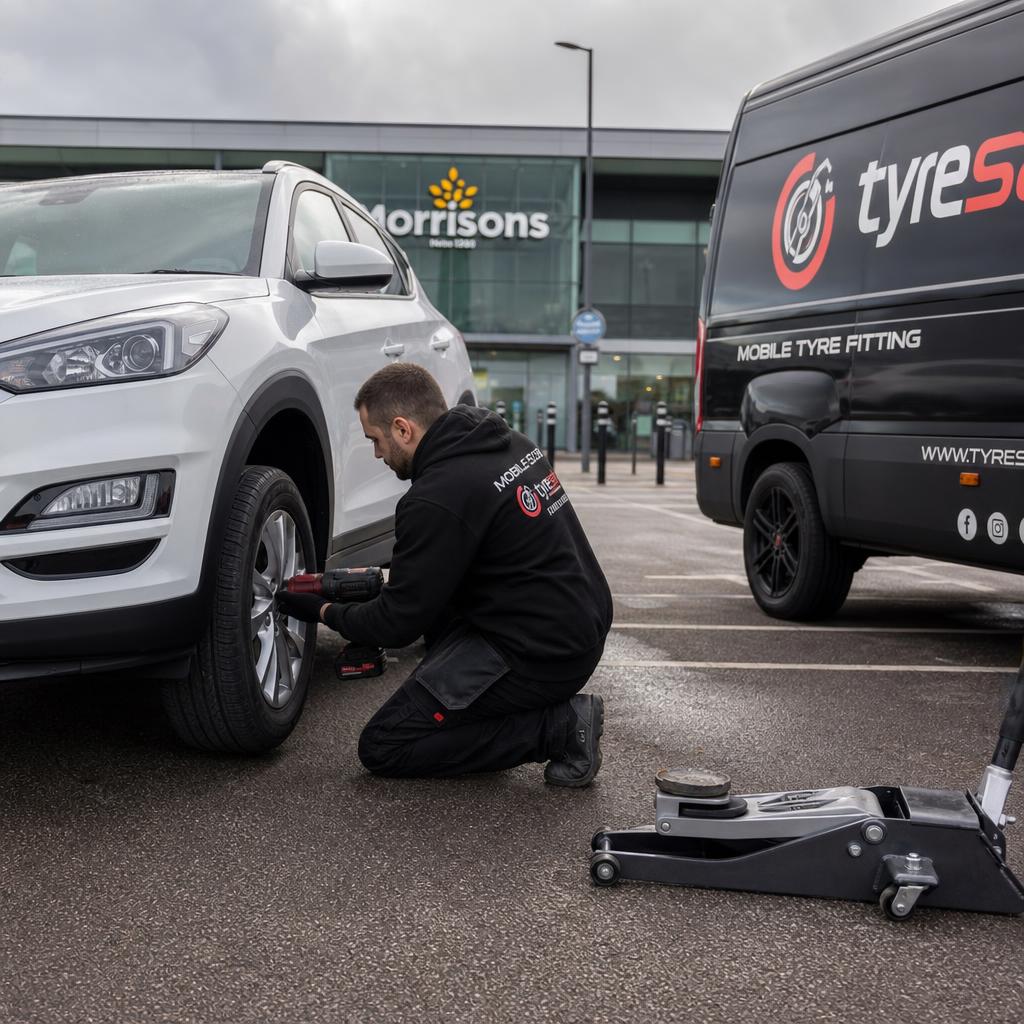 Tyres Bradford fitting tyres on a white SUV in a car park