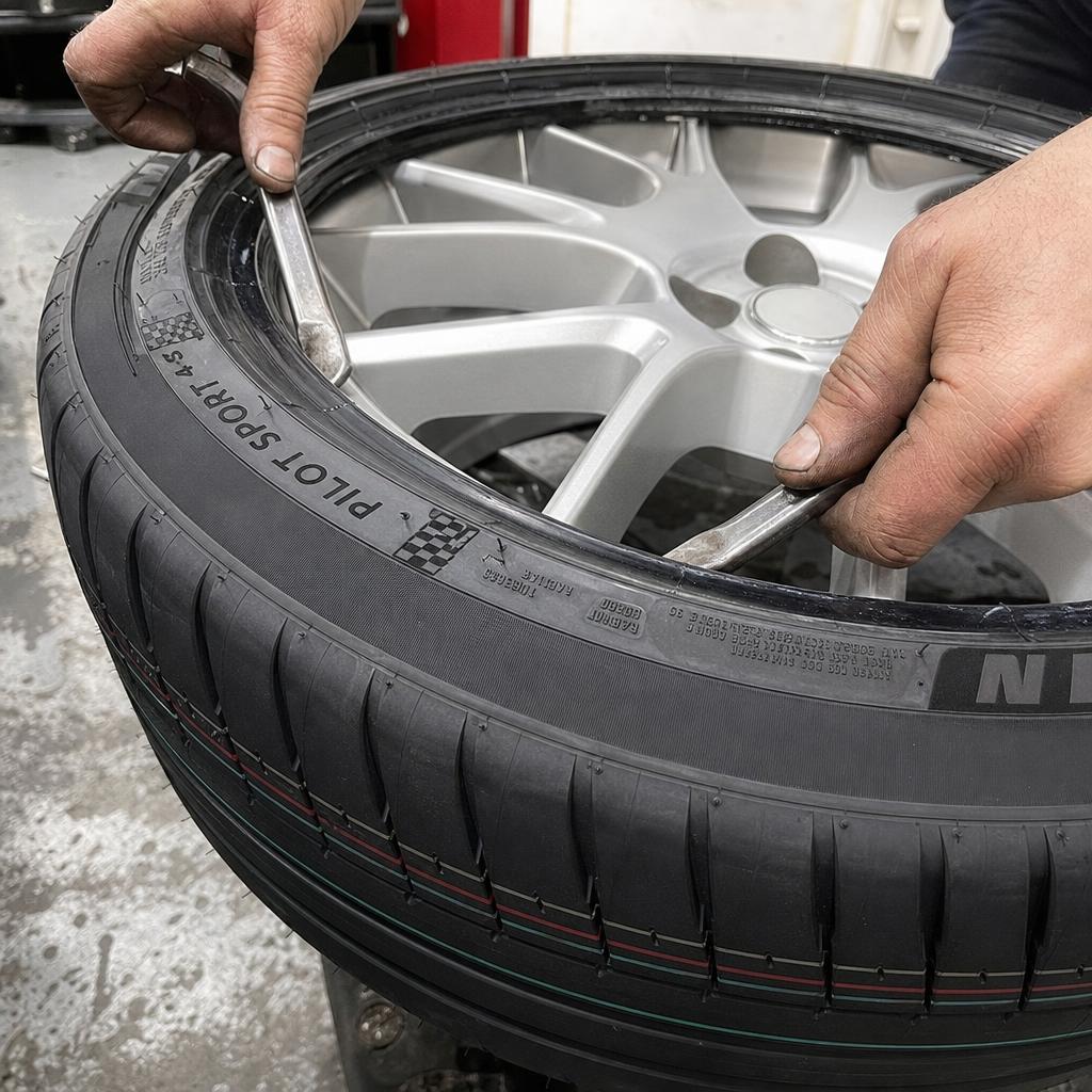 New tyre being mounted onto an alloy wheel