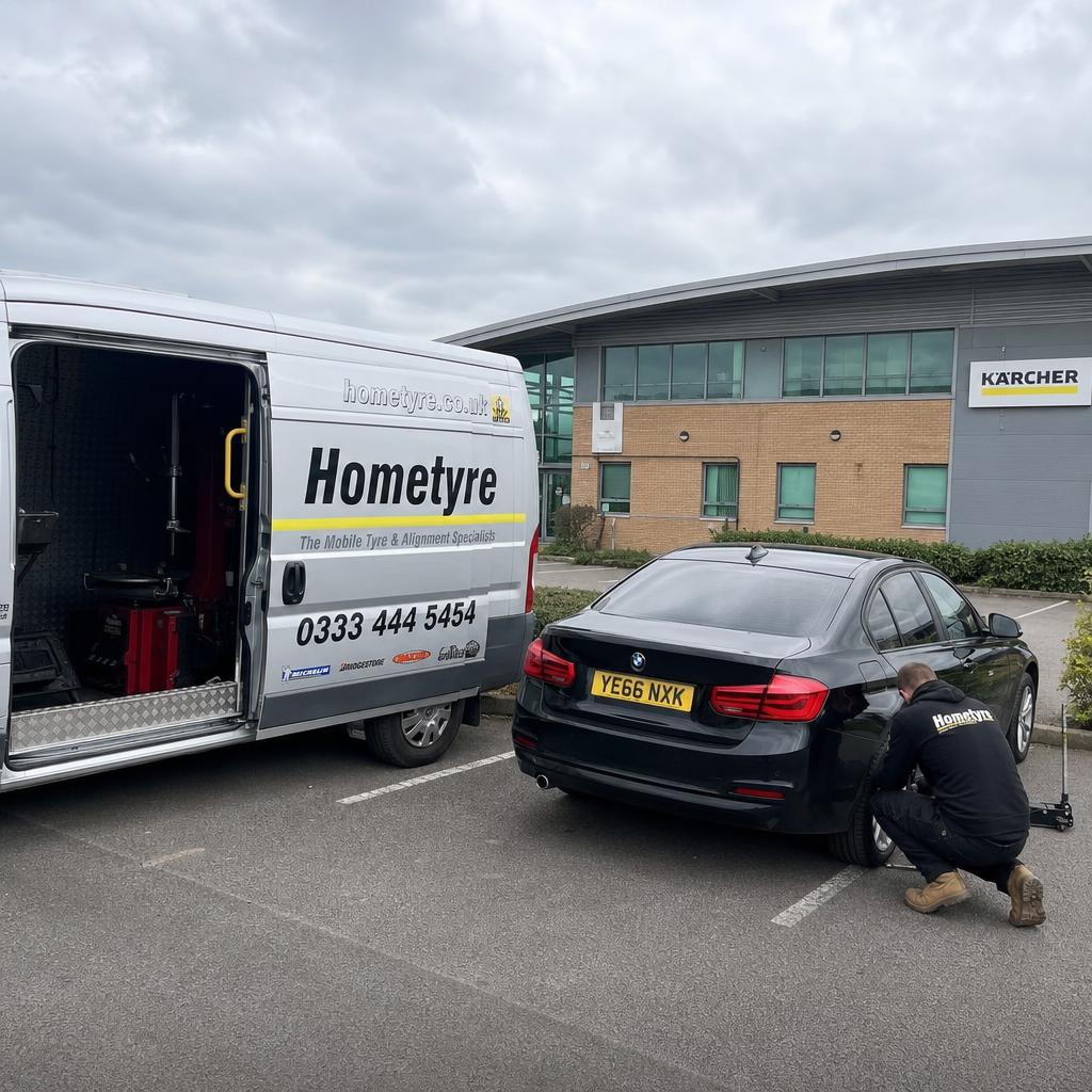 Tyres Bradford van beside a BMW saloon in a company car park