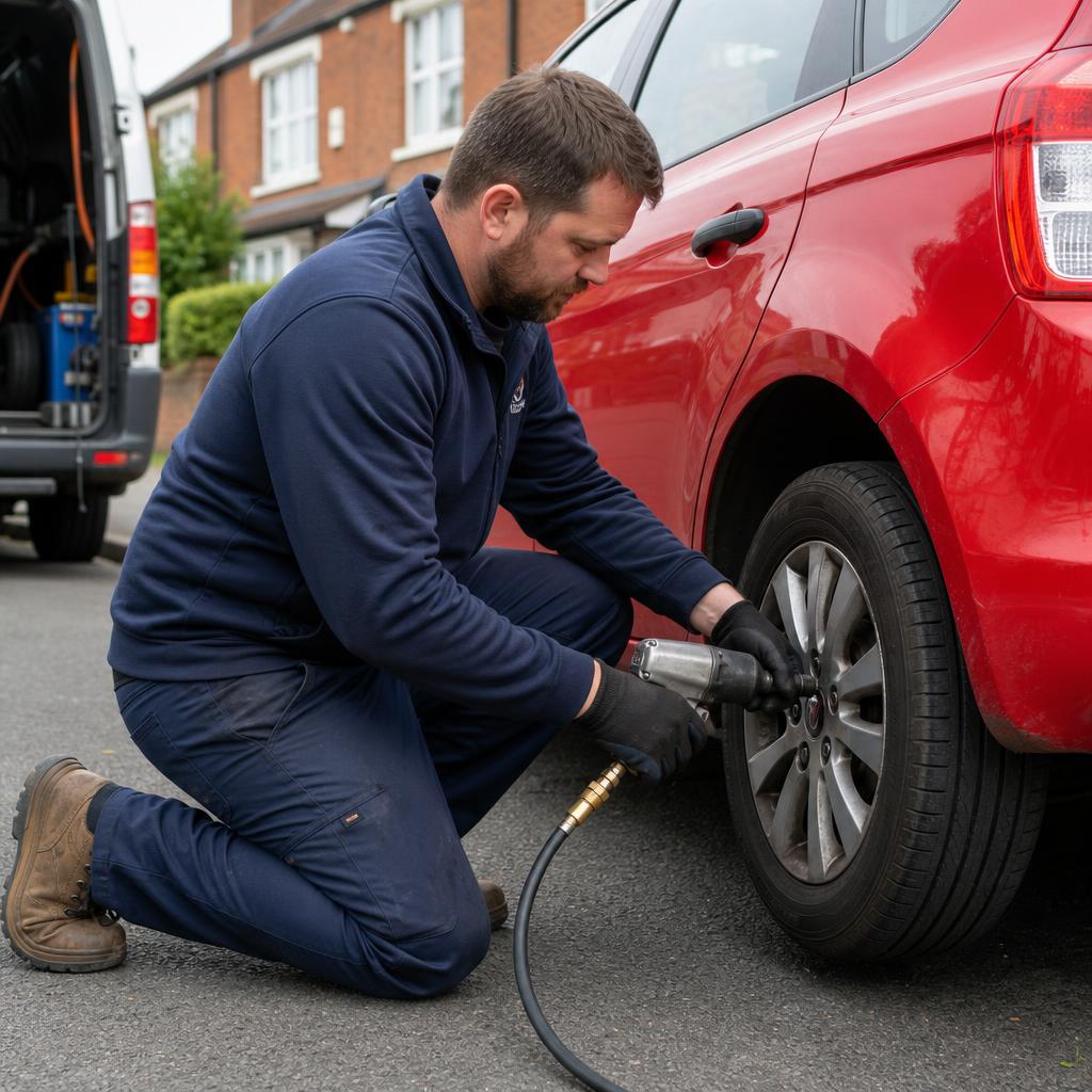 Tyre fitter removing wheel nuts with impact wrench