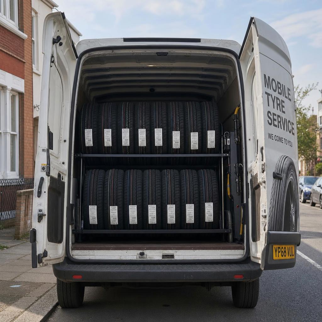 Rear of Tyres Bradford mobile fitting van with safety chevrons